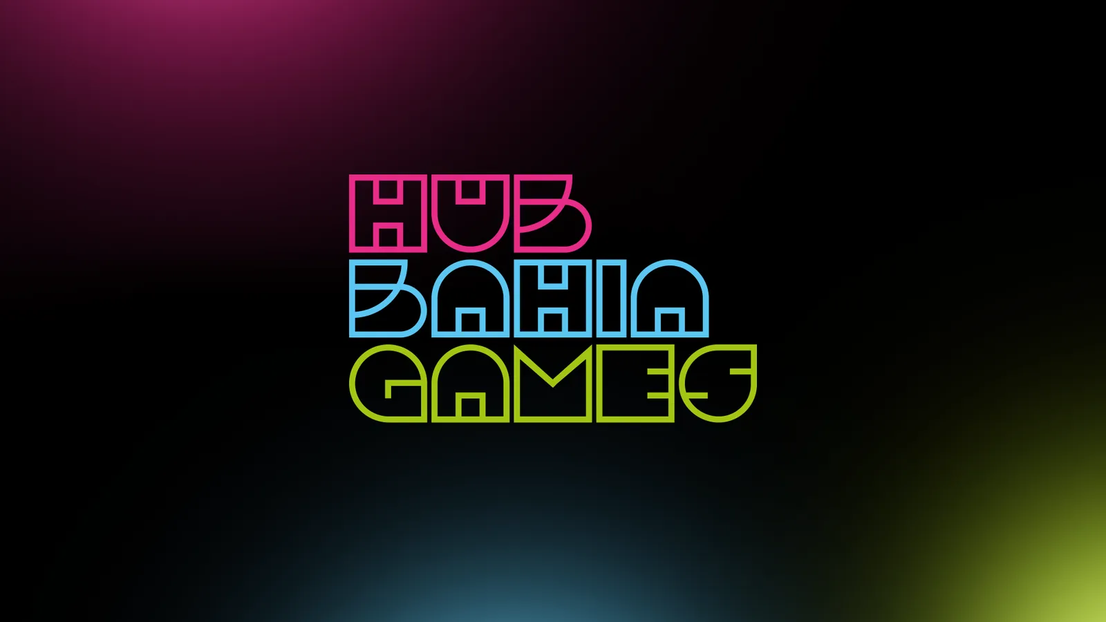 Marca do Hub Bahia Games em traços neon rosa, azul e verde sobre fundo escuro